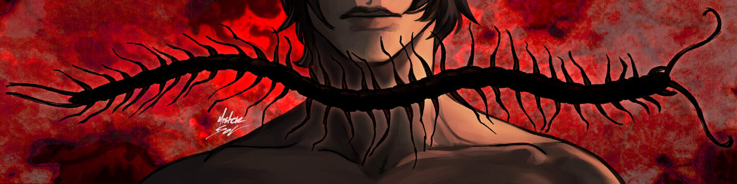 Round icon, displaying character in a dark setting, looking directly at camera. The character has a face mask and gloves with a skull stamp, and has bright pink horns. He has a notebook and a pen in hand, which appear on frame.